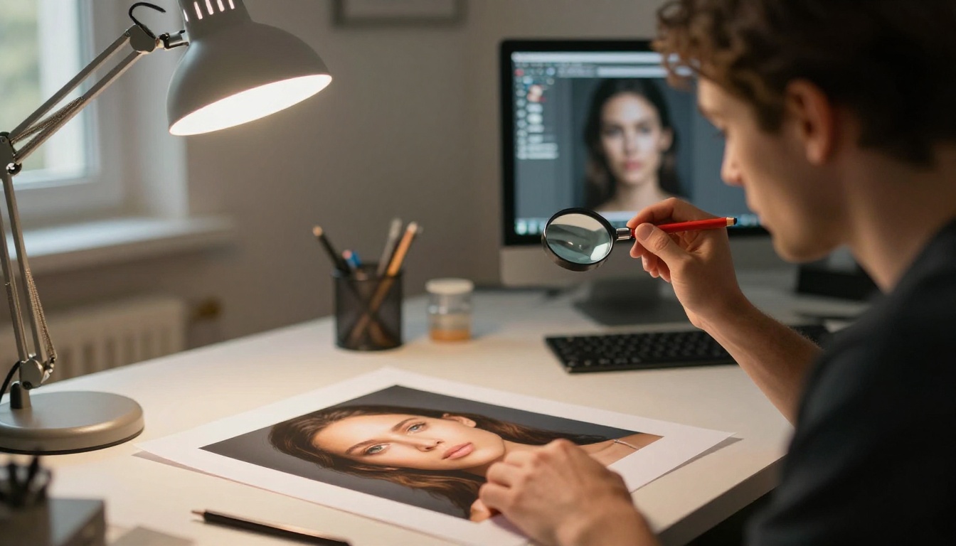 Retoucher comparing two portrait prints under a daylight lamp