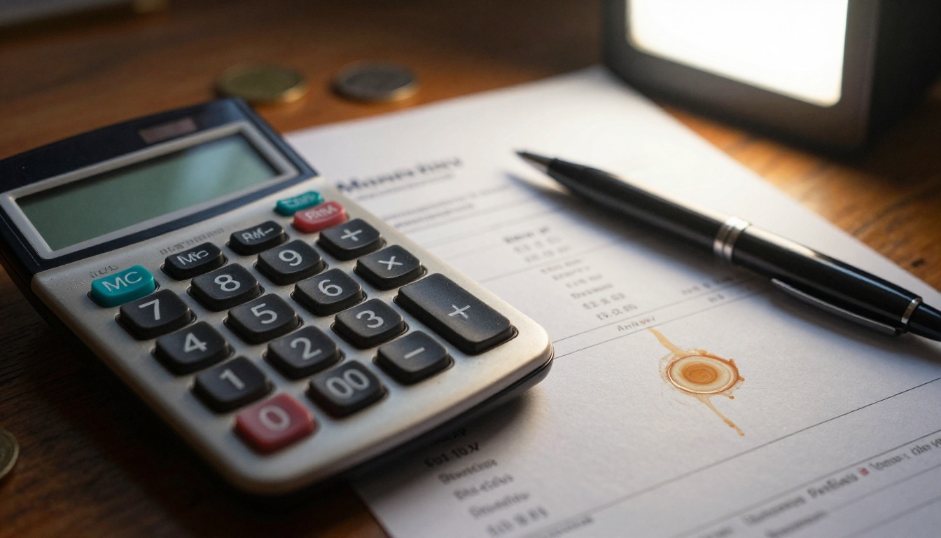 Close-up of a calculator, a printed invoice and a pen on an oak desk