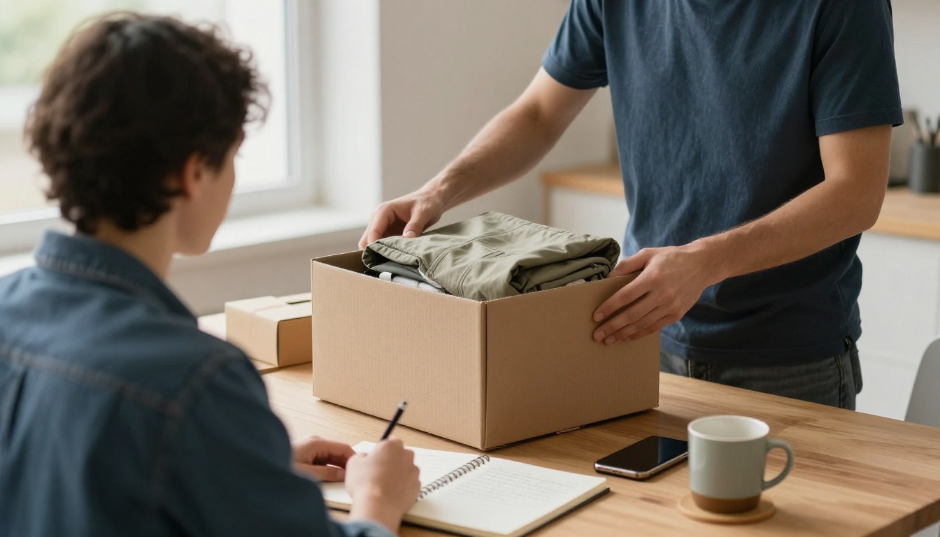A store owner packing a folded olive jacket into a kraft box beside a phone on a stand