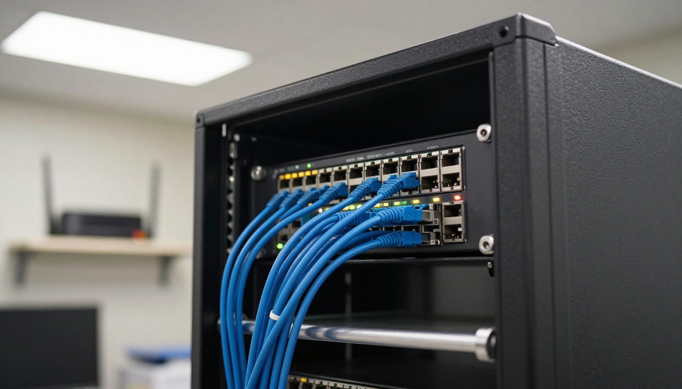 Small office network closet with a black rack and bundled ethernet cables