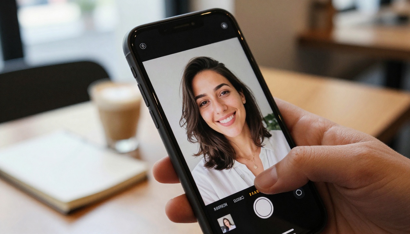 Hand holding a smartphone displaying a clean headshot portrait