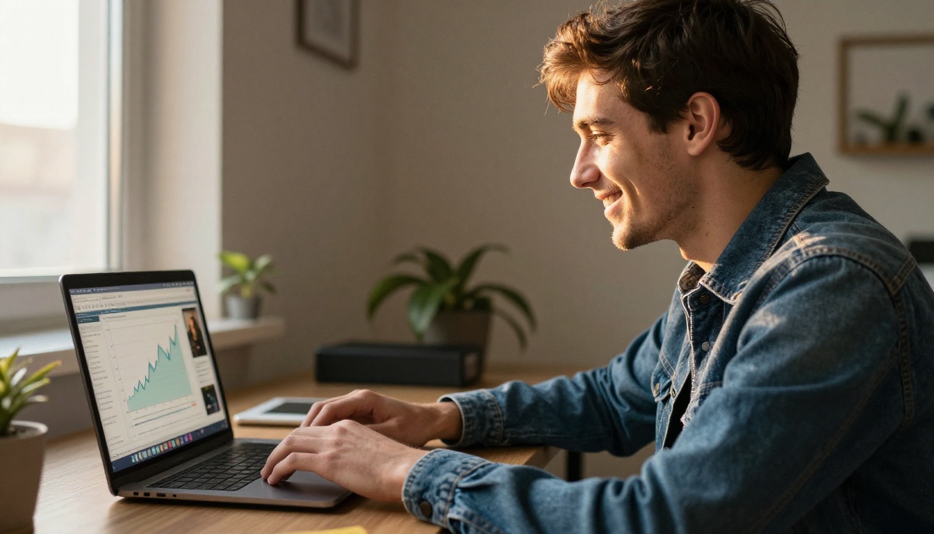 Young creator smiling at a laptop showing a rising chart and a bright thumbnail
