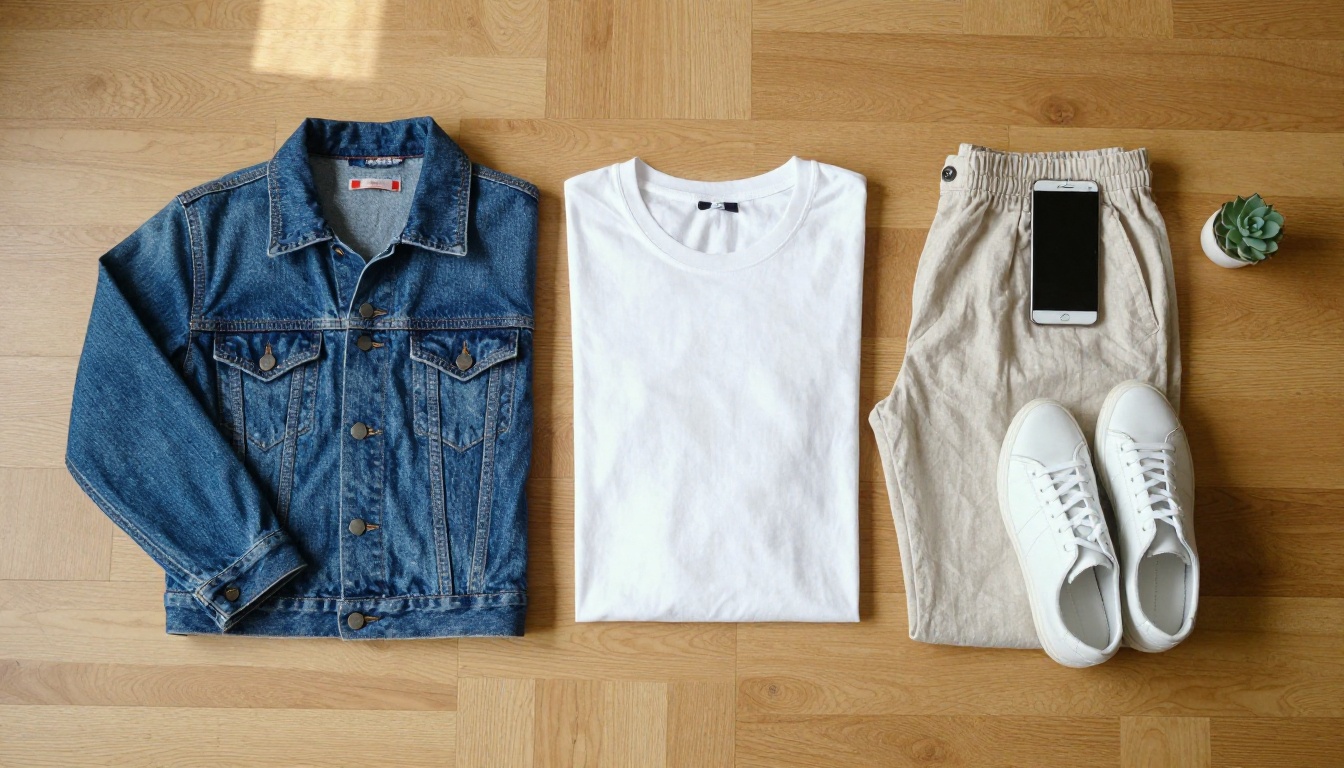Top-down flat lay of a denim jacket, white t-shirt, linen trousers and sneakers on oak floorboards