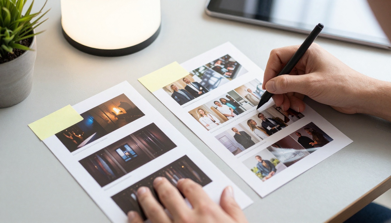 Designer arranging printed thumbnail test cards on a gray table