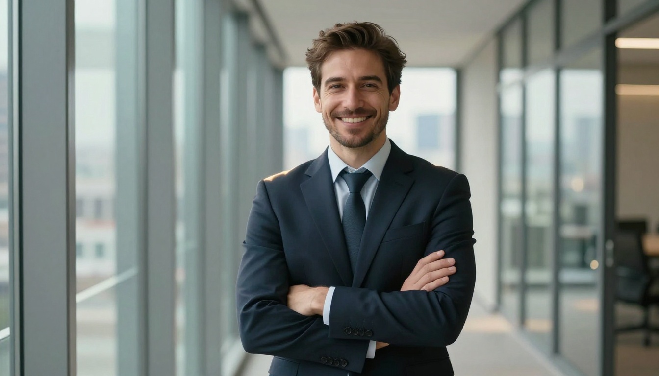 Smiling man in a navy suit standing in a sunlit glass office corridor