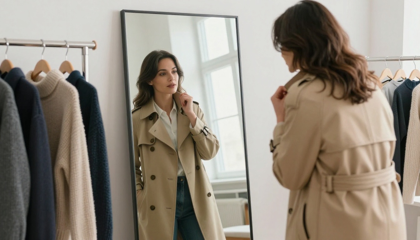 A woman in a beige trench coat checking her reflection in a tall mirror