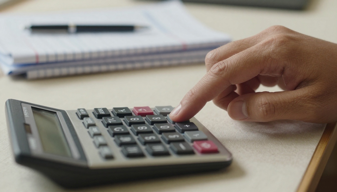 A hand on a steel calculator beside folded shirts and a pen on a linen desk mat