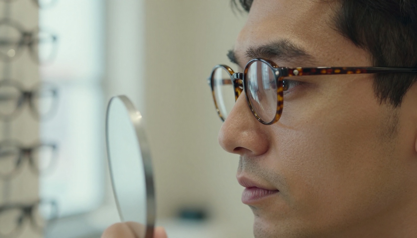Profile portrait of a man trying on round tortoiseshell glasses at an optician counter