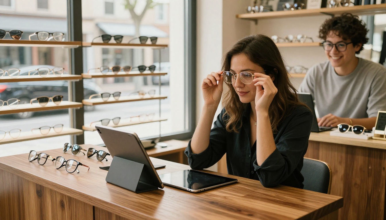 A woman holding thin gold-rimmed glasses up to her face inside a small optician shop