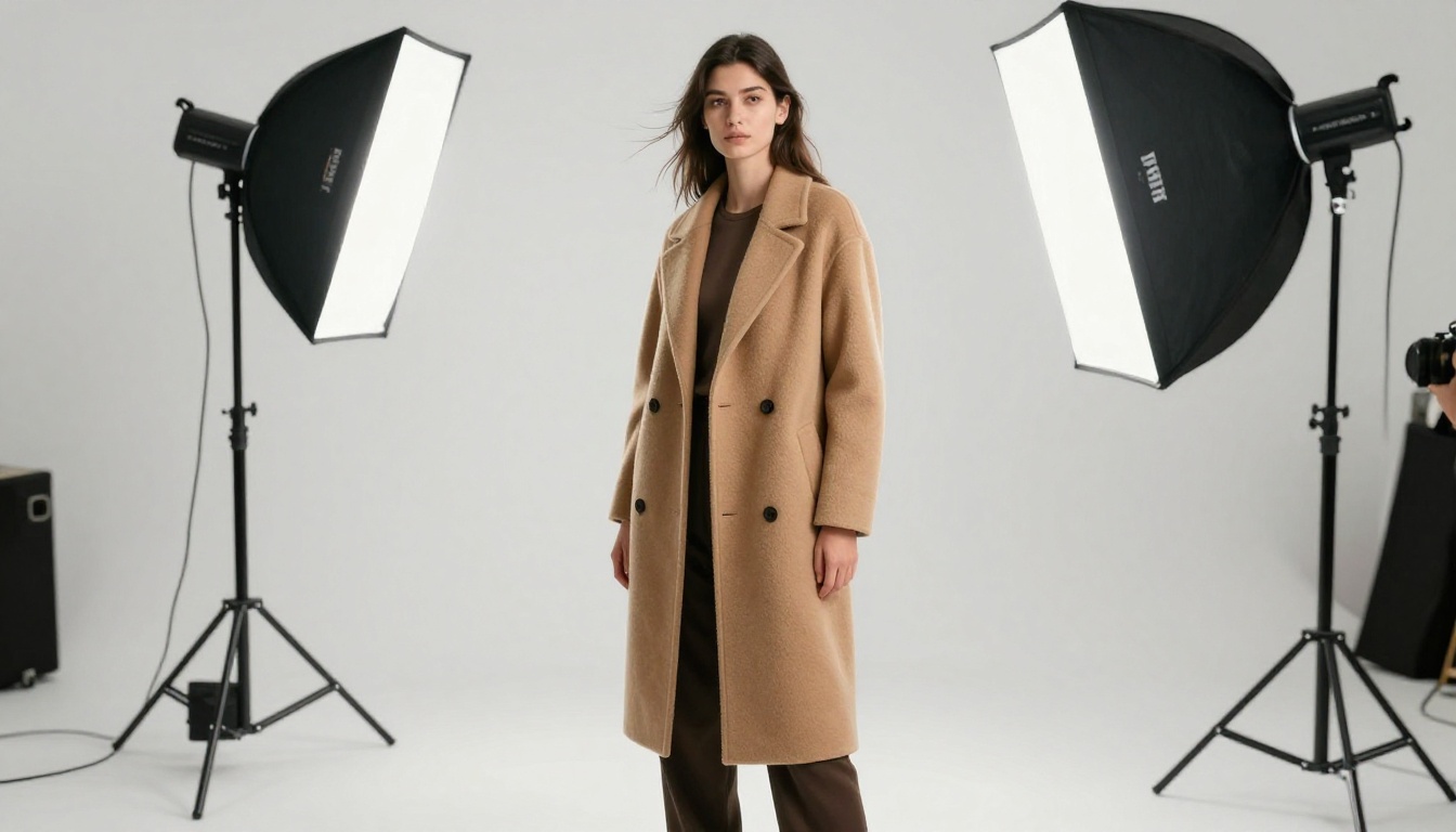 A fashion model in a camel wool coat on a white backdrop while a photographer adjusts a softbox