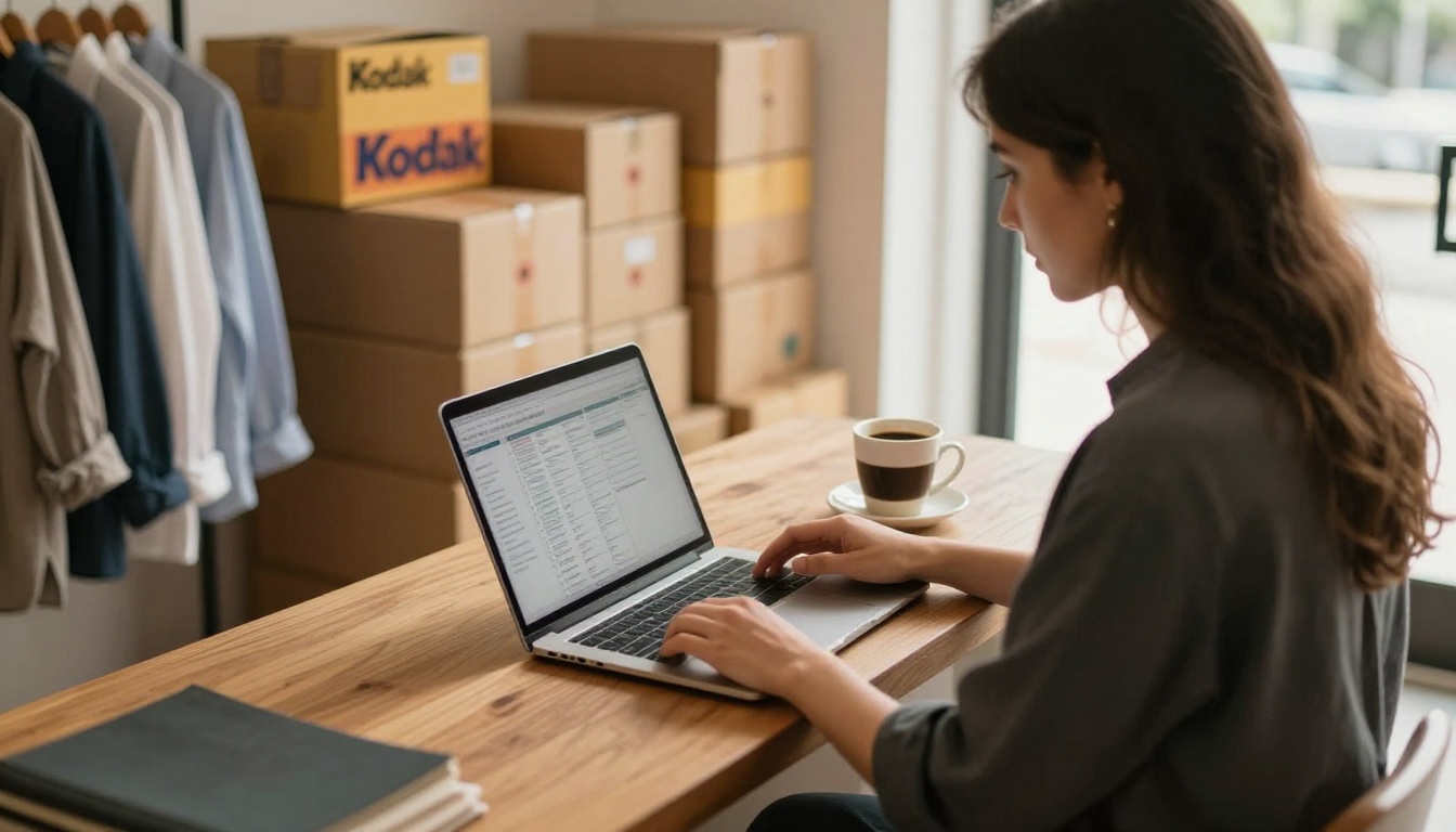 A boutique owner reviewing figures on a laptop at a shop counter