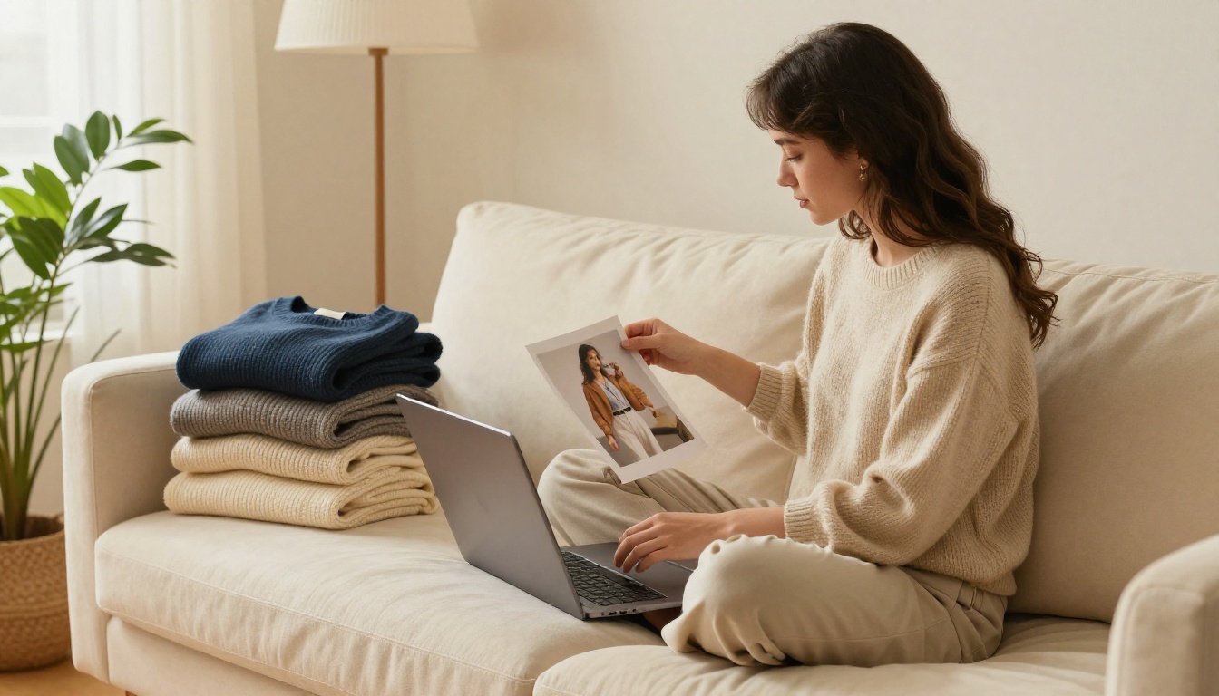 A young woman on a cream sofa with a laptop choosing an outfit beside folded sweaters