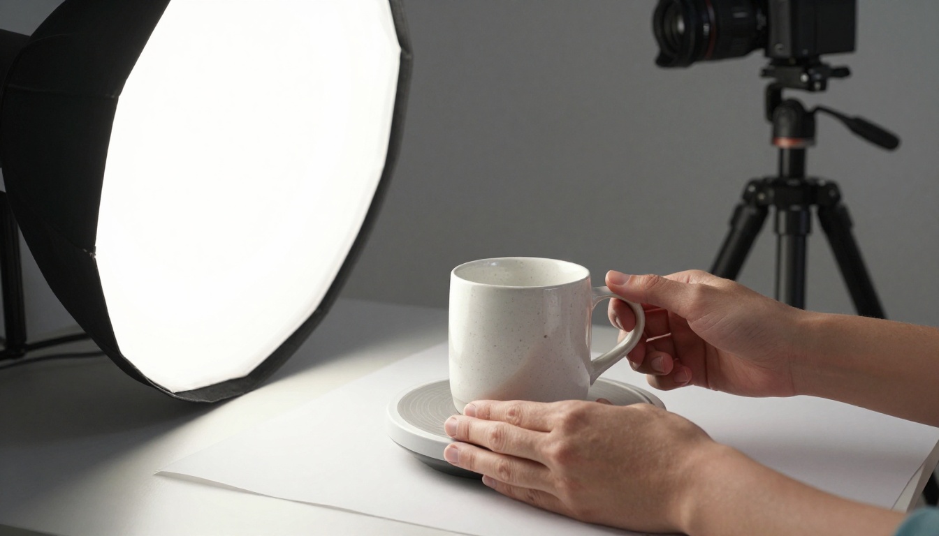 Hands rotating a speckled ceramic mug on a turntable in front of a white paper backdrop