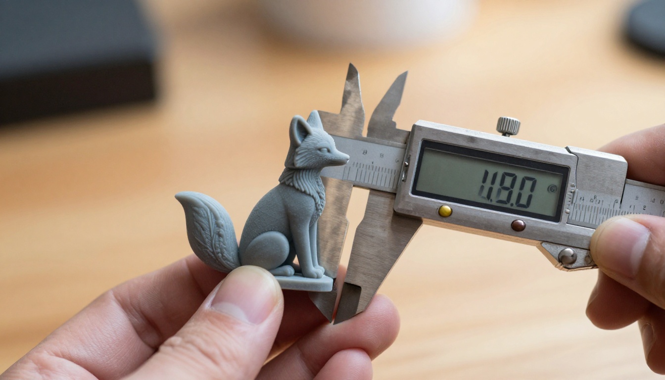A hand holding a grey resin fox figurine next to steel calipers on a wooden desk