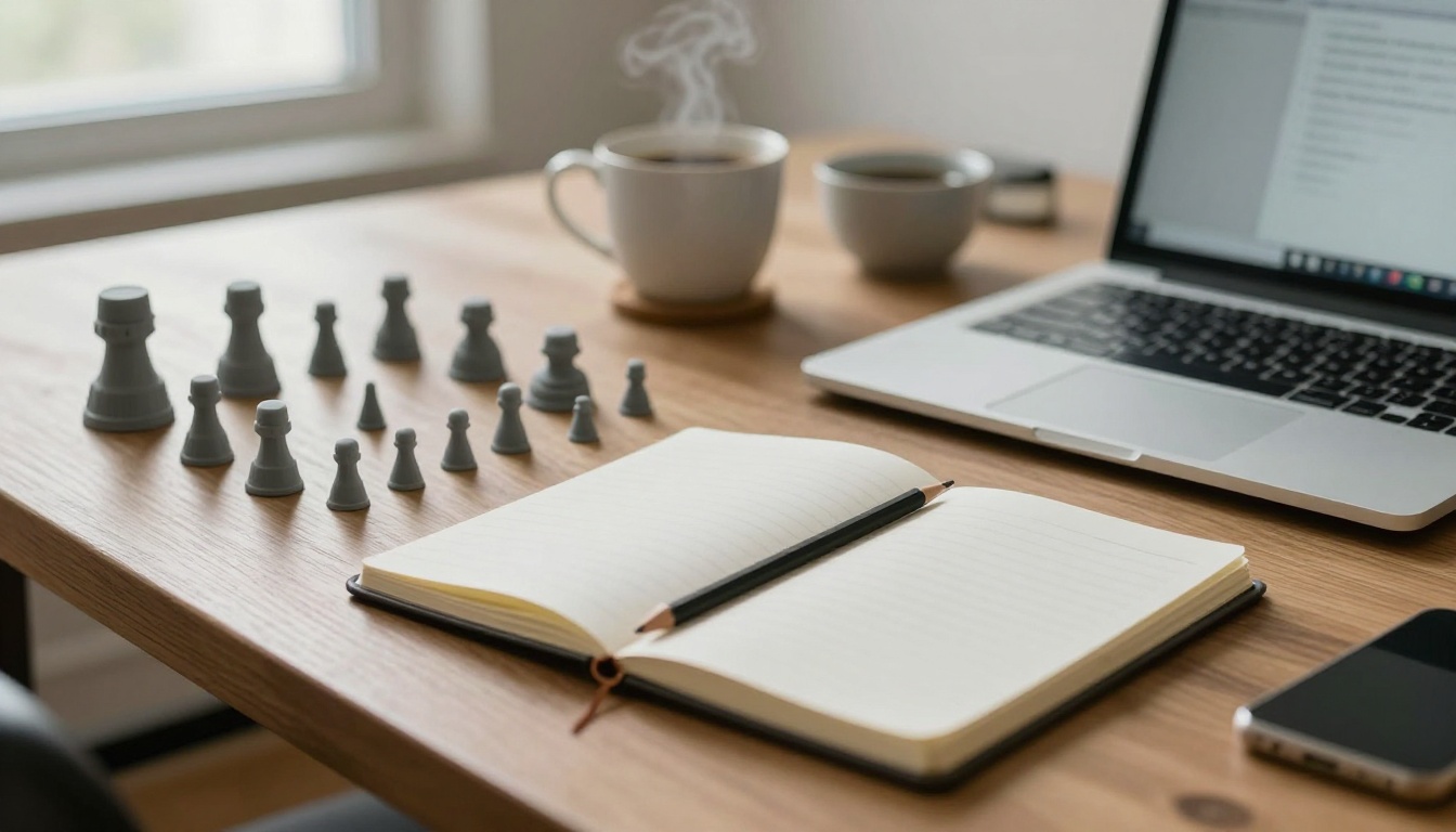A freelance designer's oak desk with a row of grey prototype prints in growing sizes