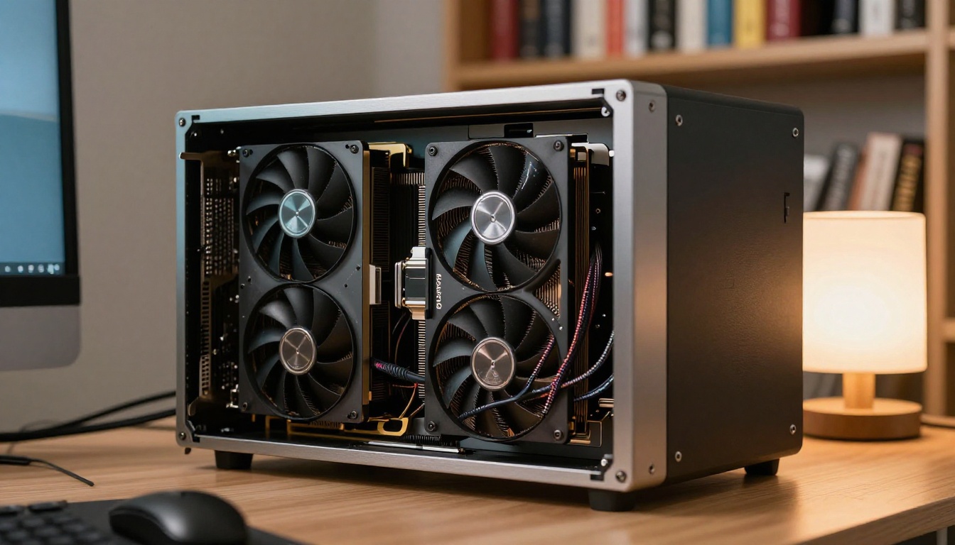 A home office computer with the side panel off, showing a large graphics card with three black fans