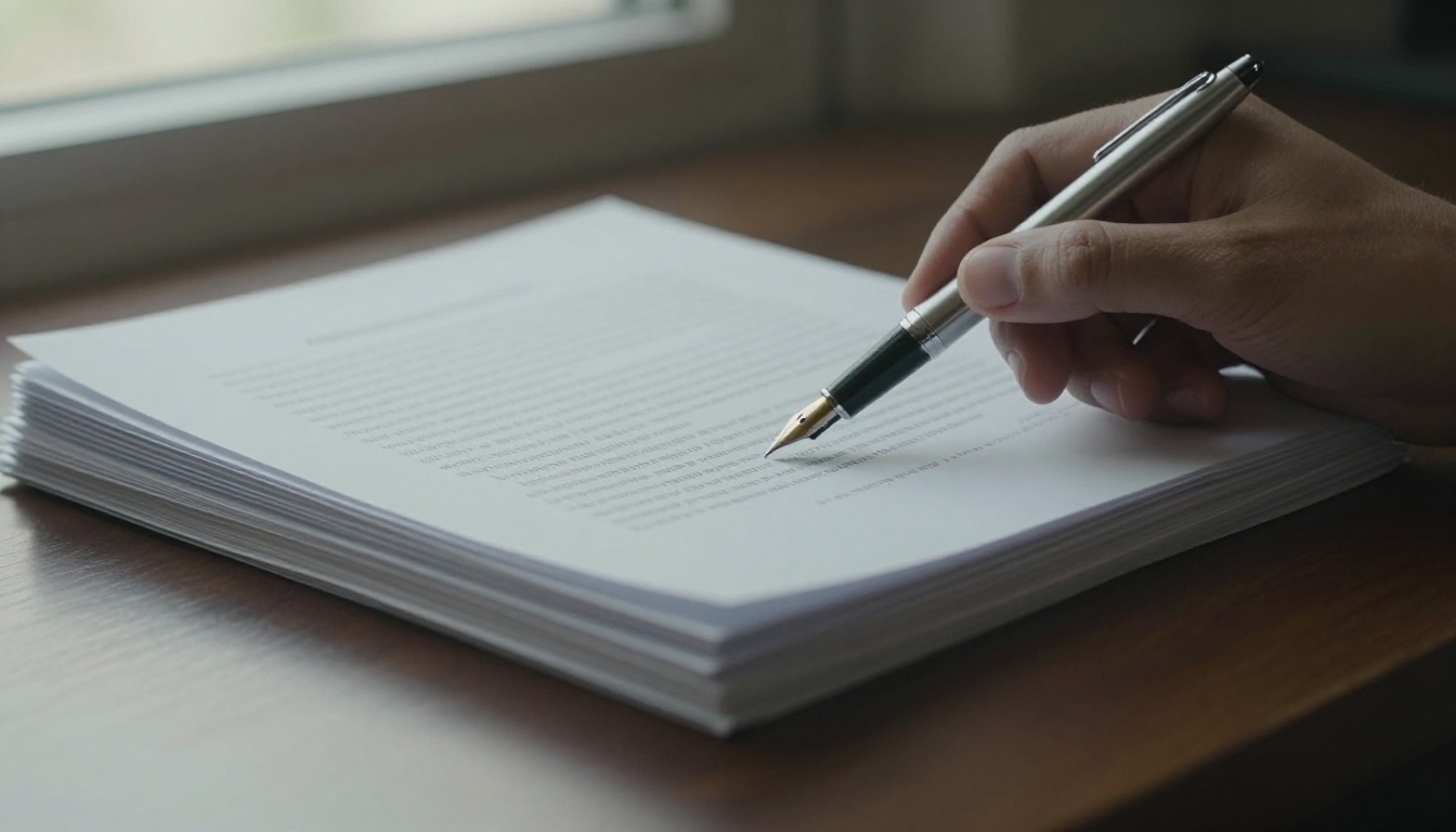 A hand pointing at a paragraph on a stack of printed documents beside a silver fountain pen