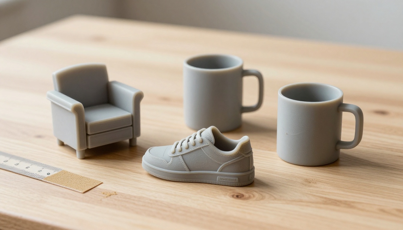 Three hand-sized printed objects, a miniature armchair, a sneaker and a mug, on a light oak table