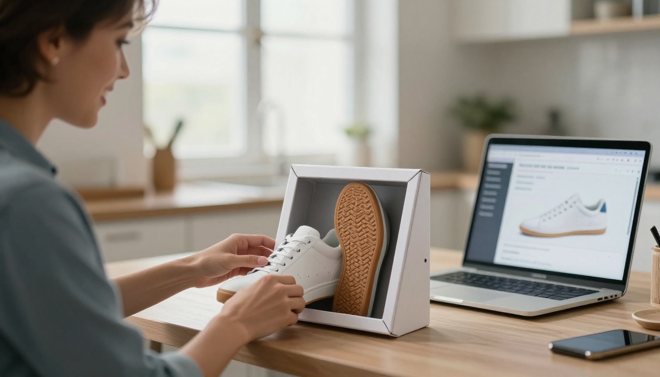 A seller placing a white leather sneaker into a folding photo lightbox on a kitchen table