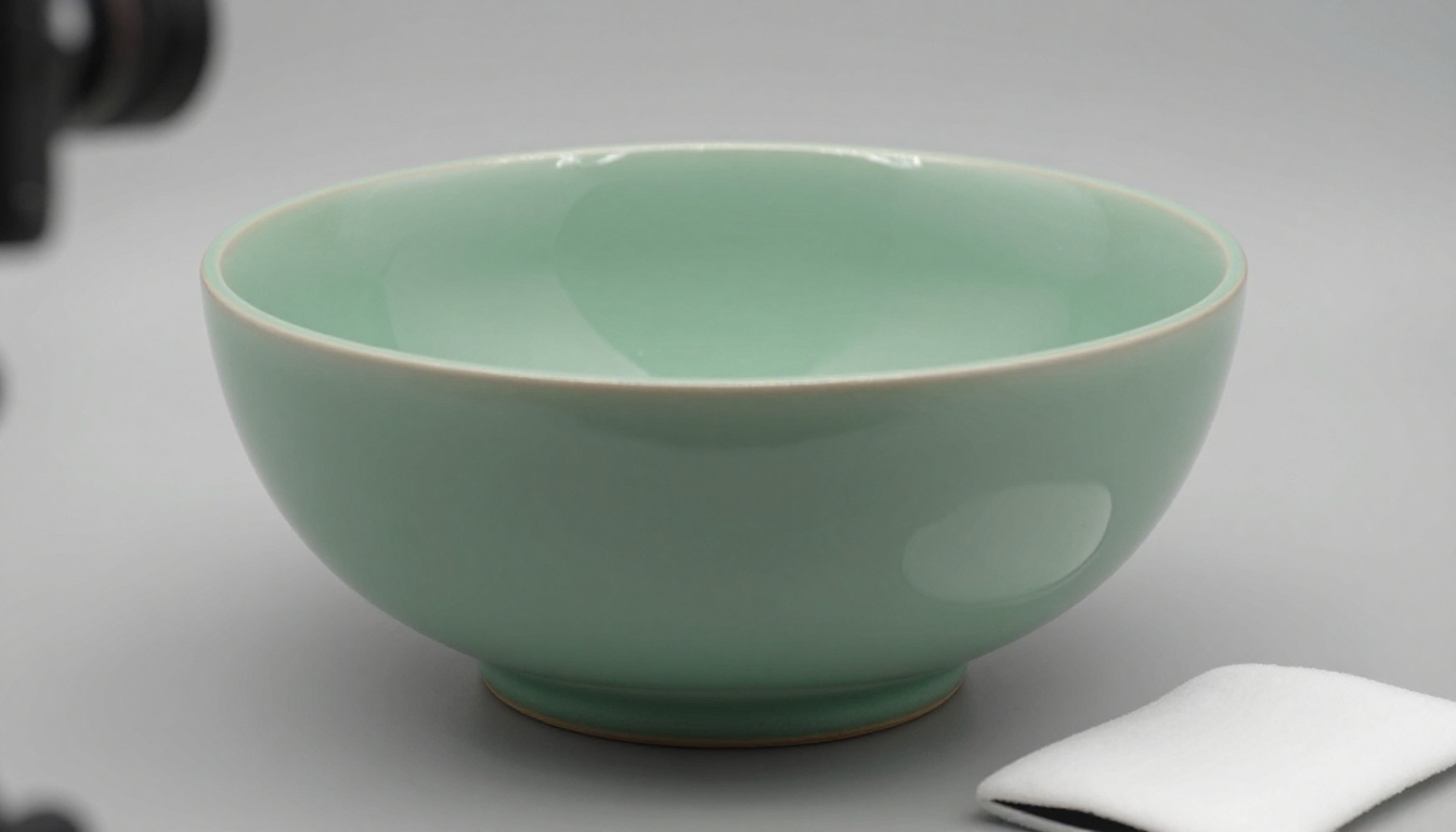 A matte sage green ceramic vase on a grey backdrop lit by a softbox, with a camera on a tripod in front