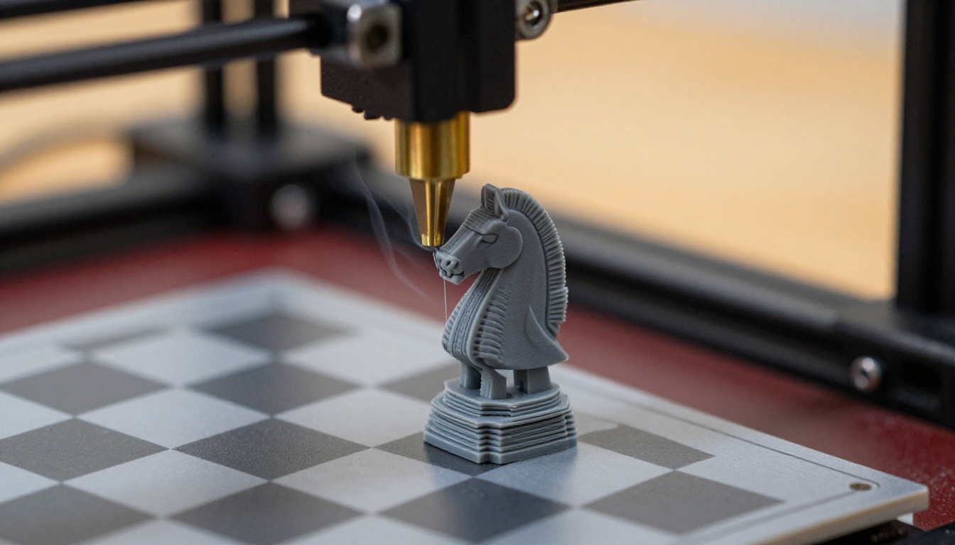 A desktop 3D printer nozzle building a small grey chess knight layer by layer