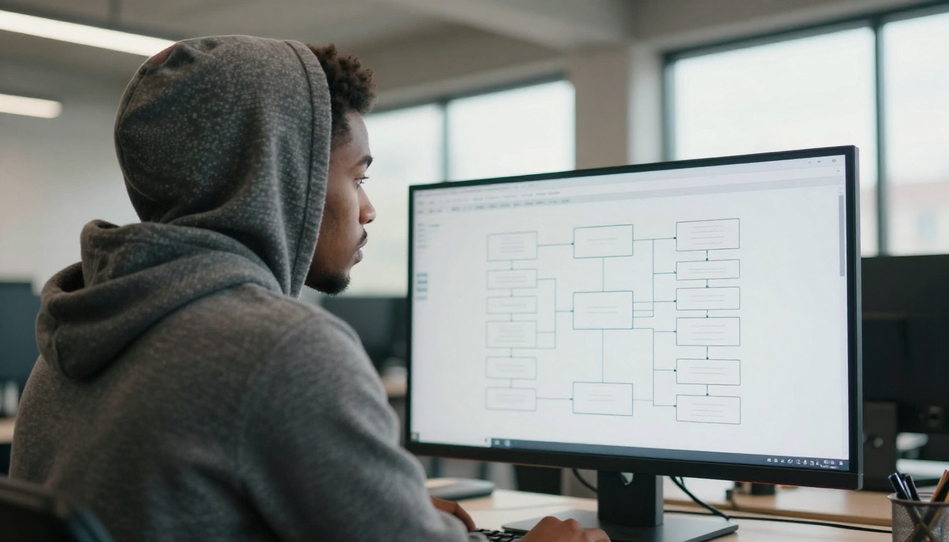 Engineer studying a node diagram on a large office monitor