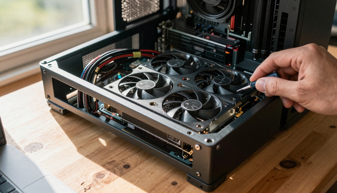 Open PC case with a large graphics card on a wooden workbench