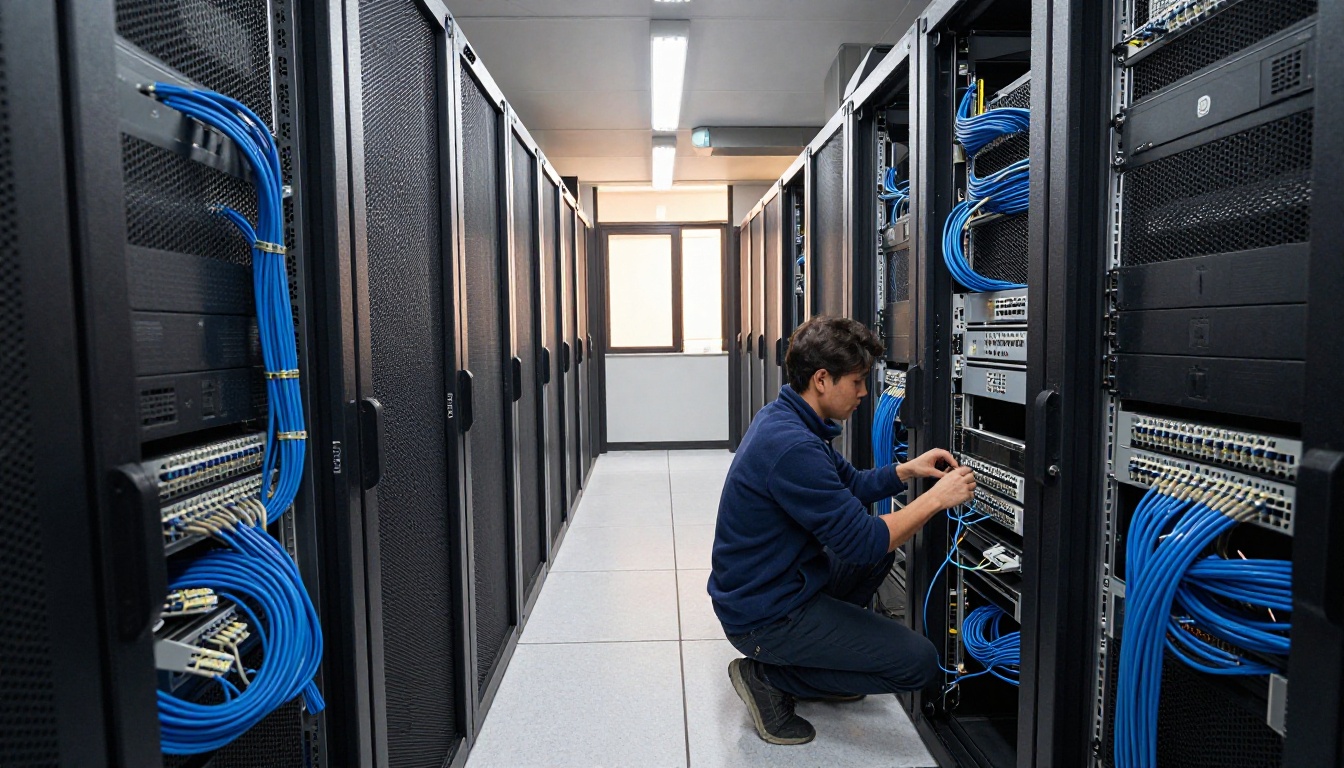 Technician checking cables in a narrow server room