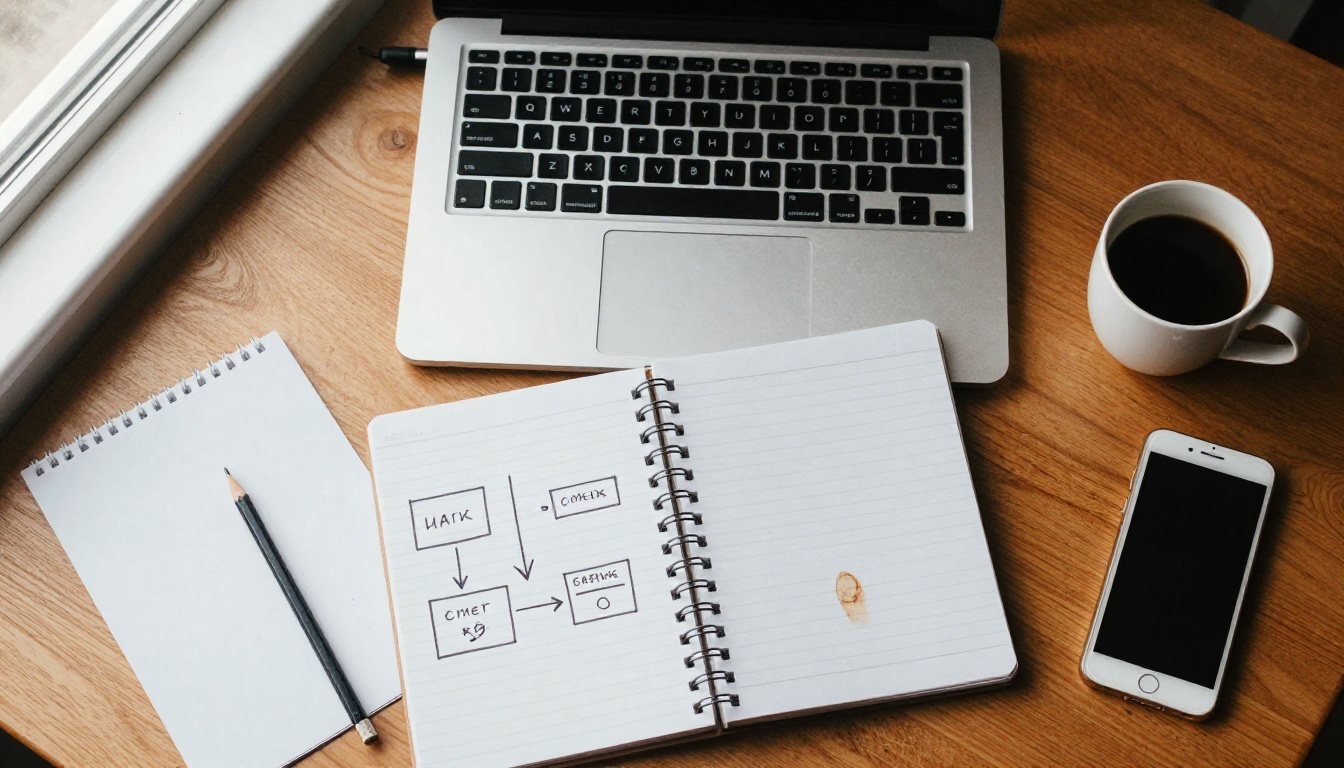 Overhead view of a desk with a laptop, notebook diagram and coffee
