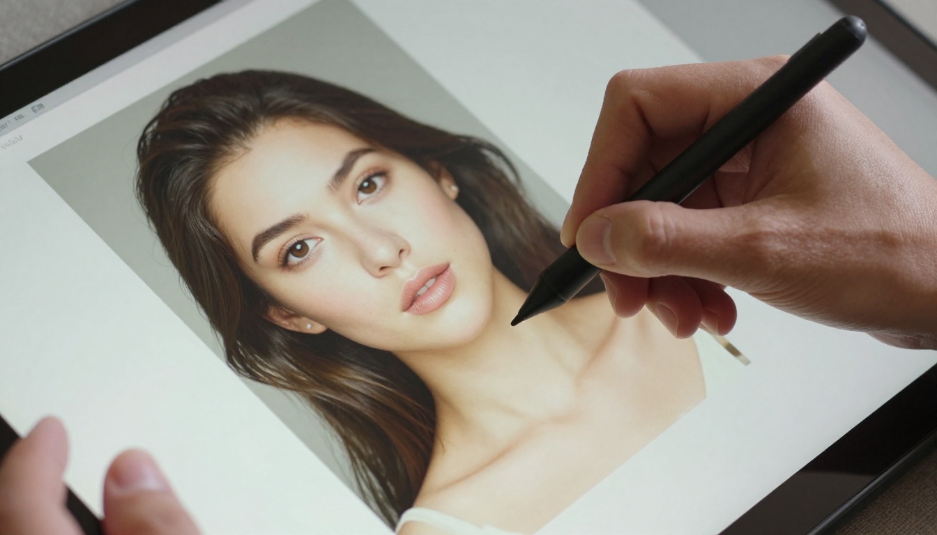 Retoucher repainting part of a portrait on a pen display