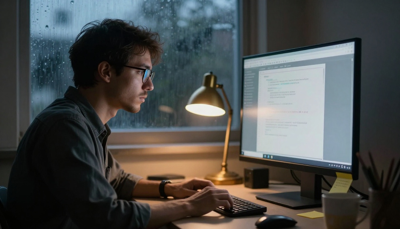 Developer working alone at night under a warm desk lamp