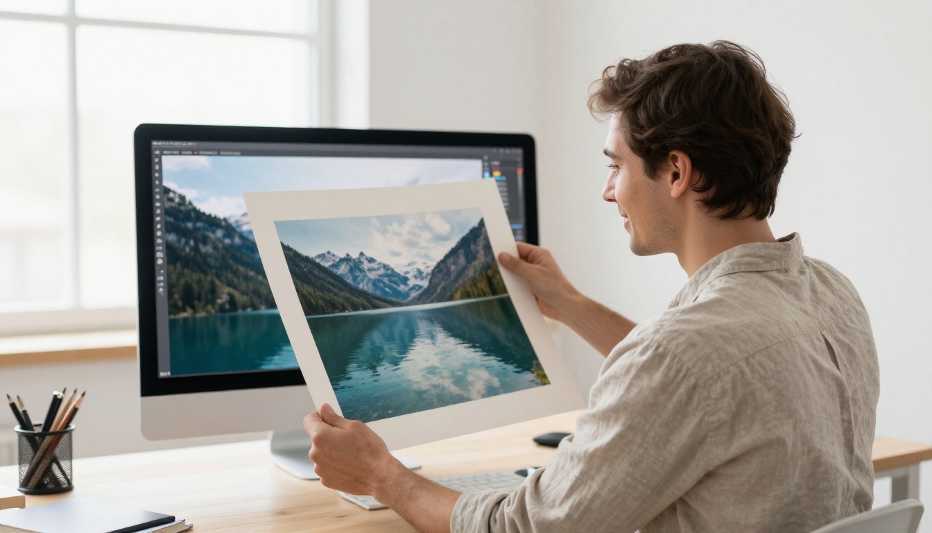 Designer holding a printed mountain lake photo beside a monitor