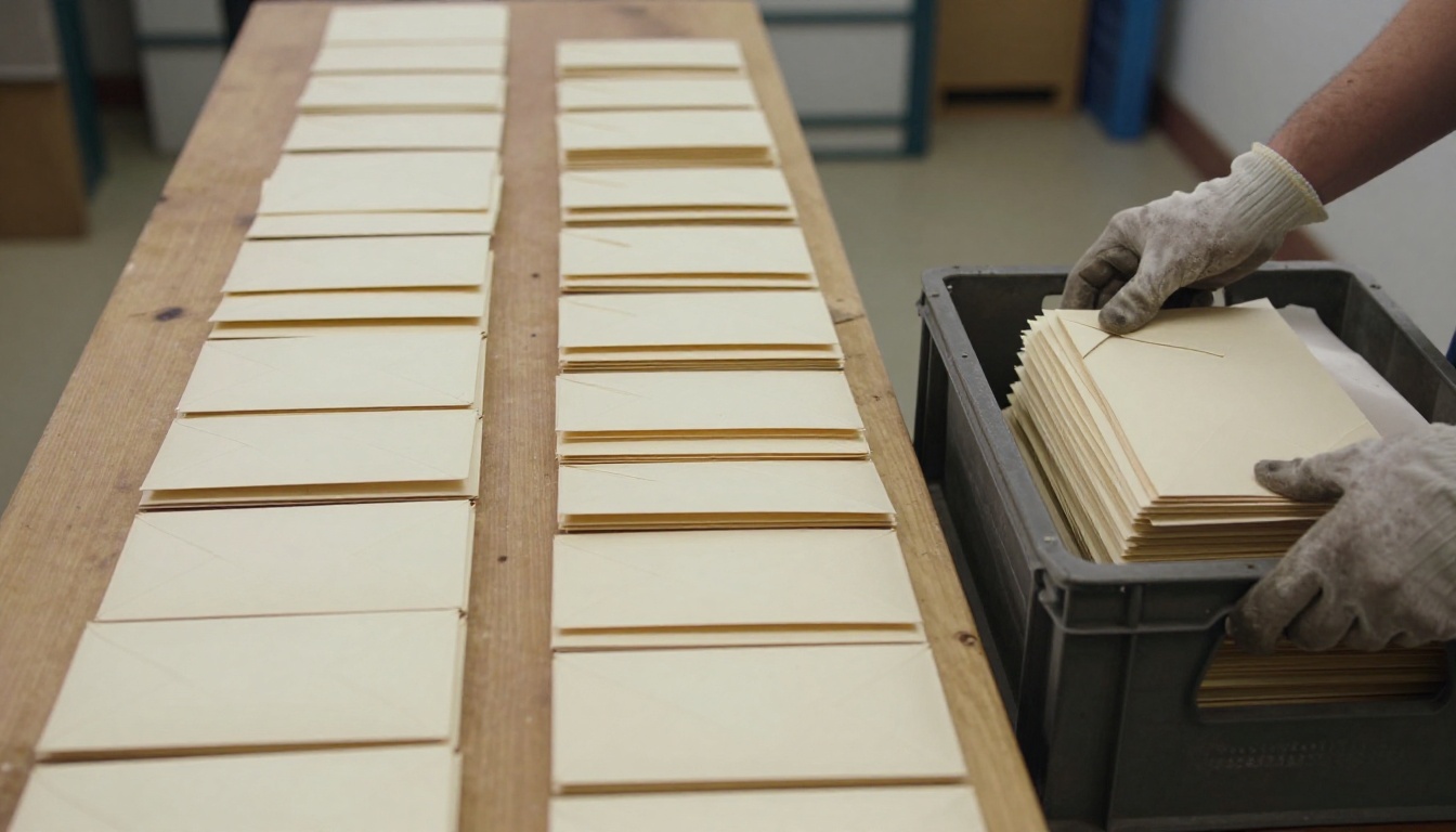 A long wooden sorting table lined with rows of identical cream envelopes, seen from above