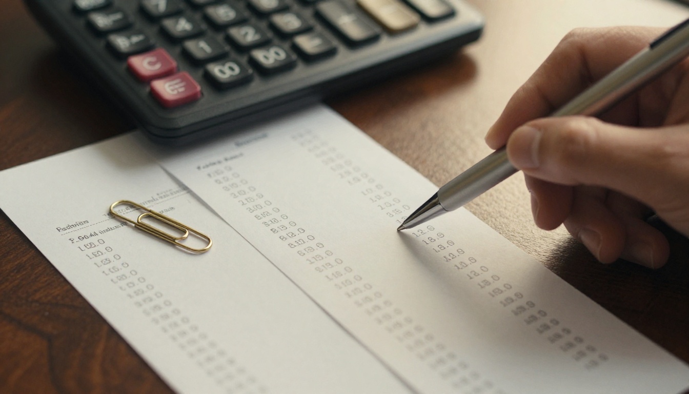 Close-up of a black calculator and printed receipts on a dark walnut desk