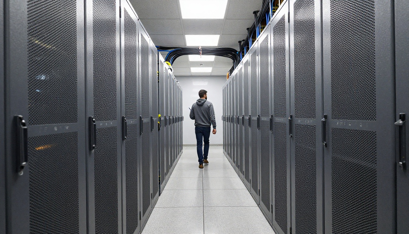 Low angle view down a data center aisle between matte grey server cabinets