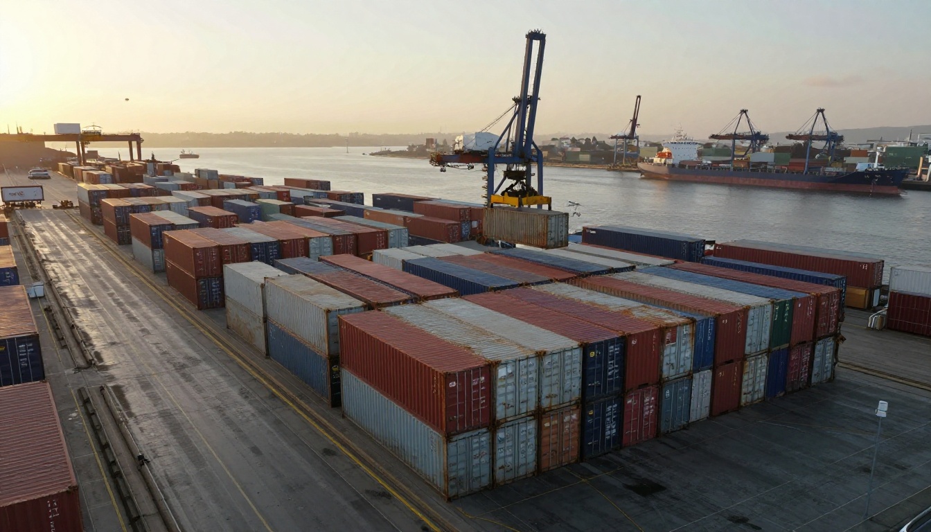 Aerial view of a cargo port with stacked shipping containers and a gantry crane at dusk