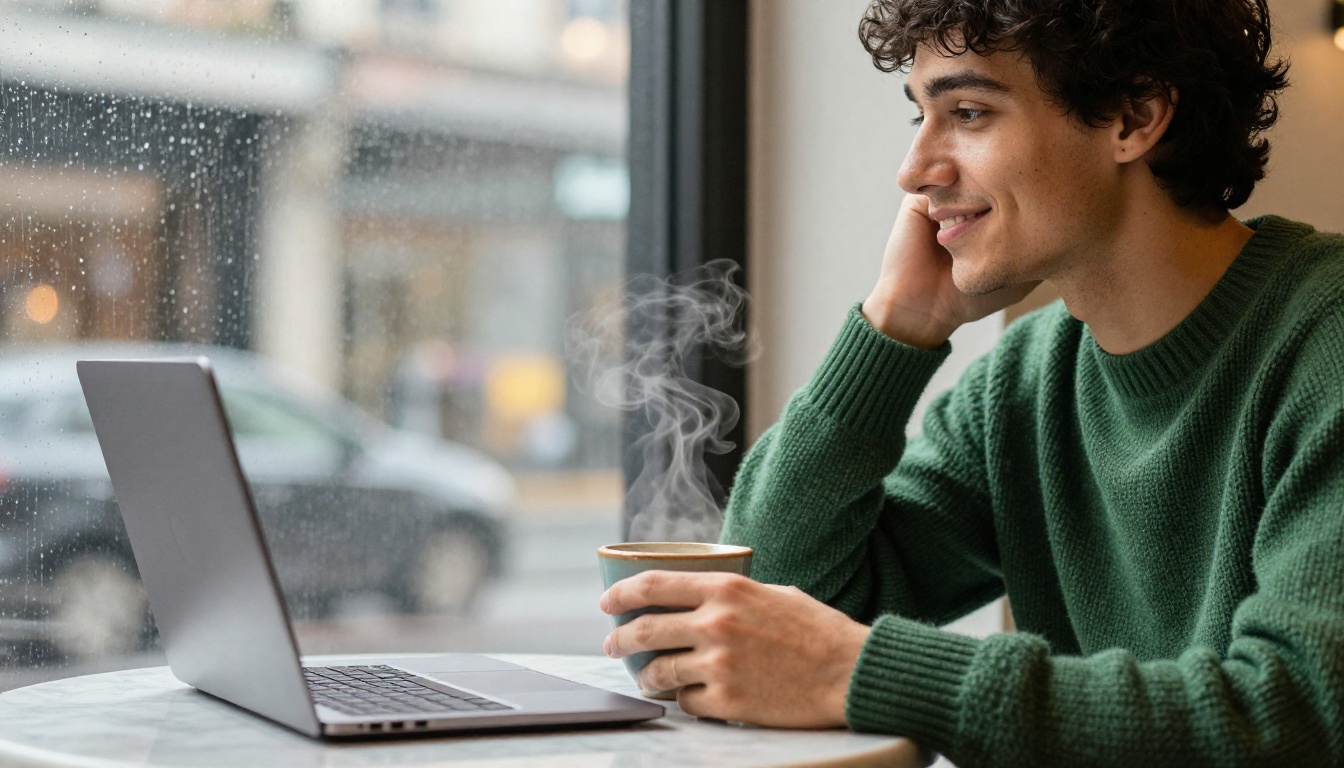 A young developer in a green sweater working on a laptop at a café table