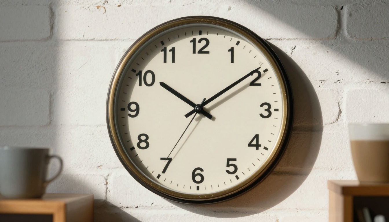 A round analog wall clock with a cream face on a white brick wall in morning light
