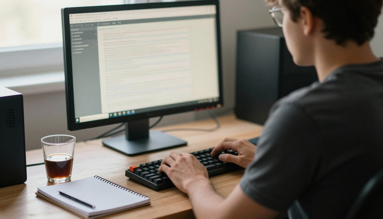 Over the shoulder view of a developer typing at a standing desk