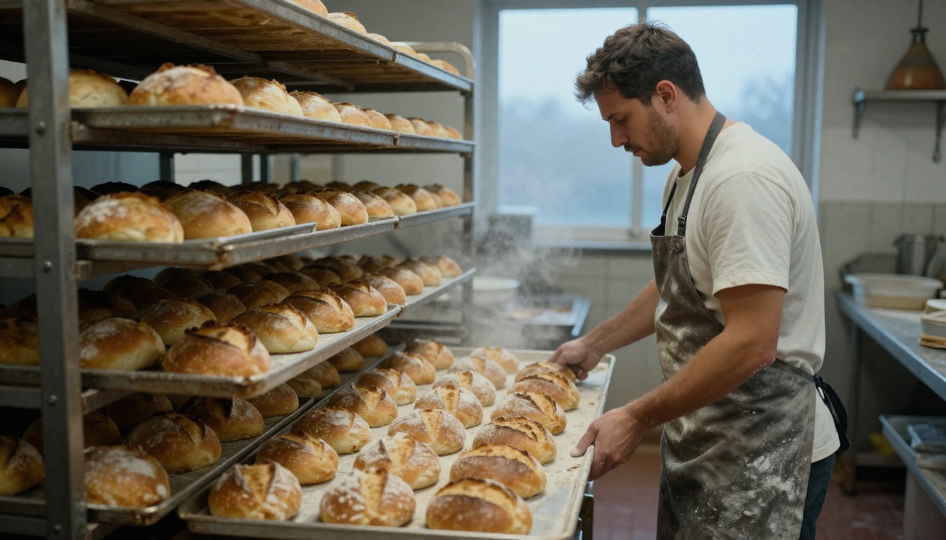 A baker pulling trays of golden loaves from a steel rack in a bakery before sunrise