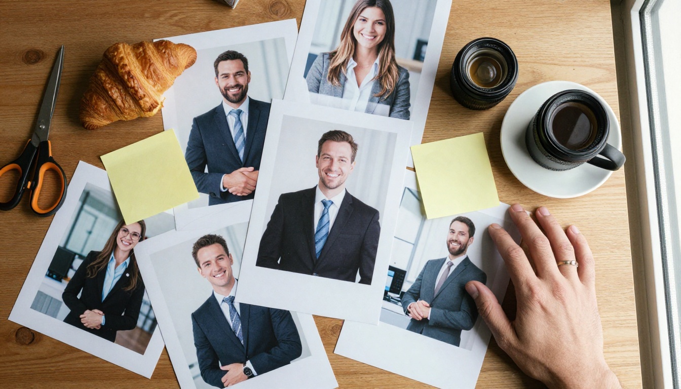A cluttered desk piled with printed stock photos, sticky notes and a cold coffee, shot from above