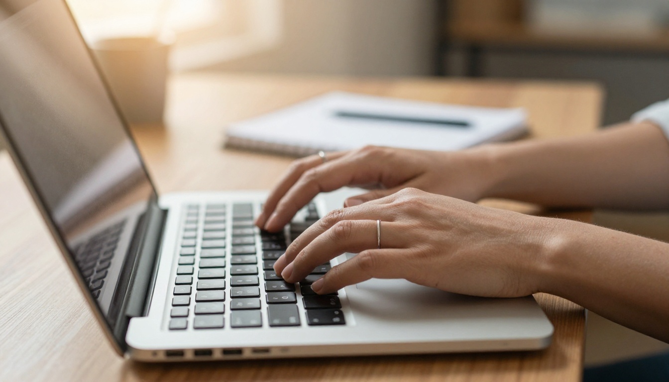 Close-up of hands typing on a laptop beside a notebook in warm window light