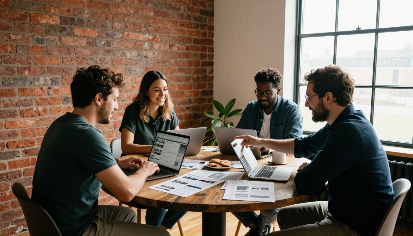Four colleagues around a round table reviewing laptops and printed blog layouts