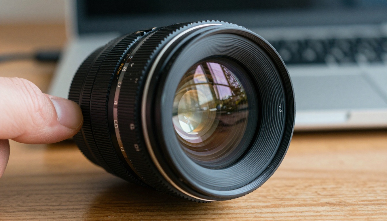 Macro shot of a vintage camera lens resting beside an open laptop