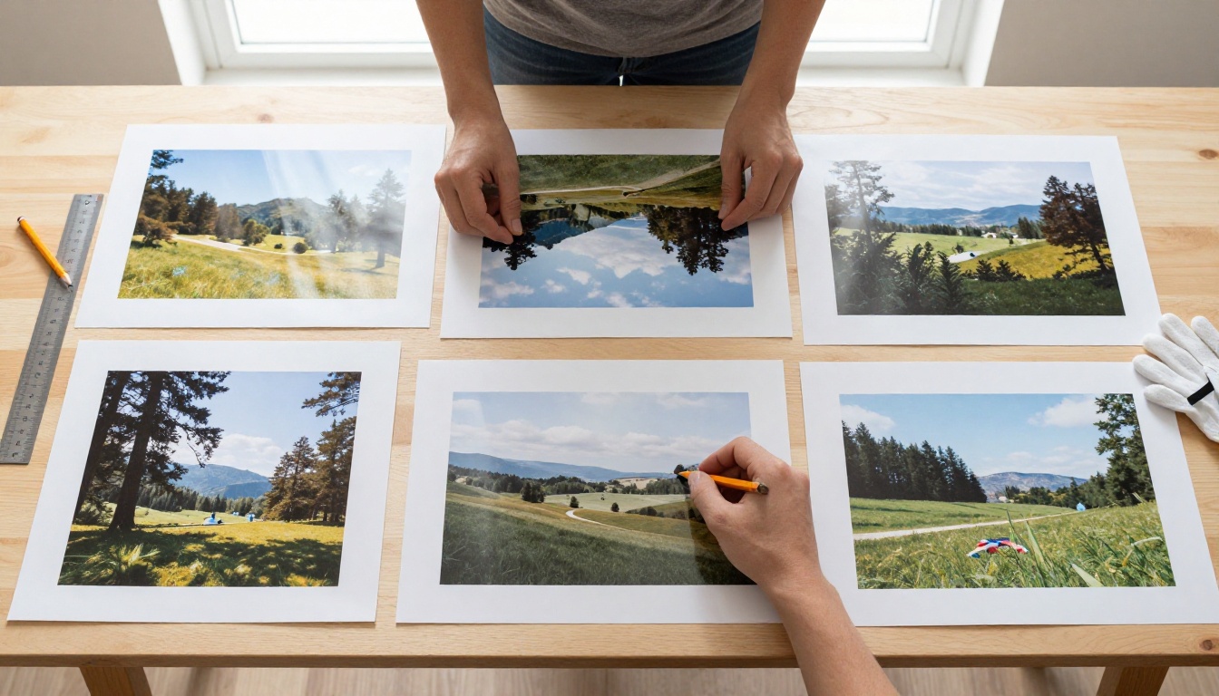 Overhead shot of printed landscape photographs cropped to different proportions