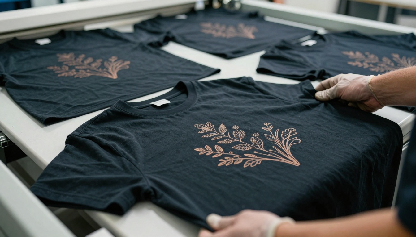 A worker lifting a freshly printed black t-shirt off a direct to garment printer