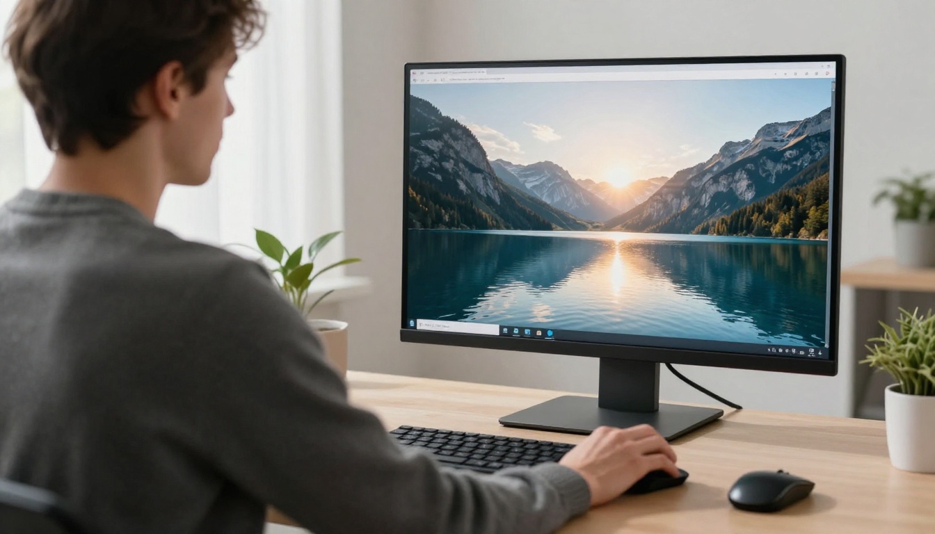 A man at a standing desk looking at a monitor that shows a mountain lake photograph
