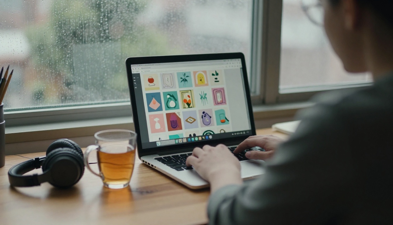 Over the shoulder view of a designer working on a laptop beside a rainy window