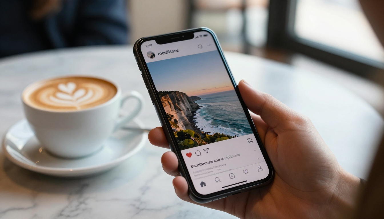A hand holding a smartphone that shows a blog post preview with a coastal header photo