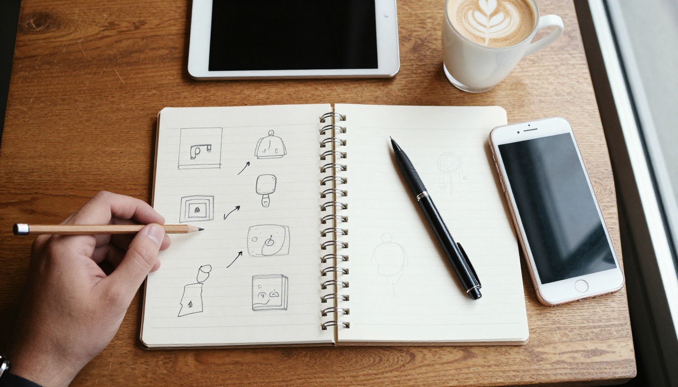 Overhead view of a cafe table with a notebook of pencil sketches and a flat white